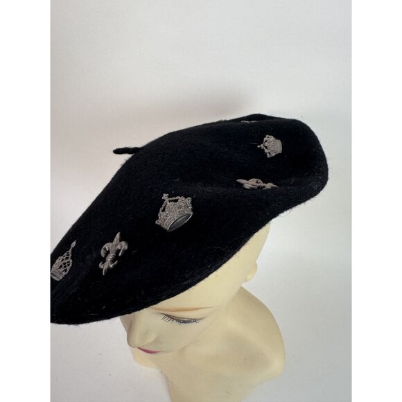 Neiman Marcus Black Wool Beret With Crown & Fleur-De-Lis Pins Made In UK main image 6